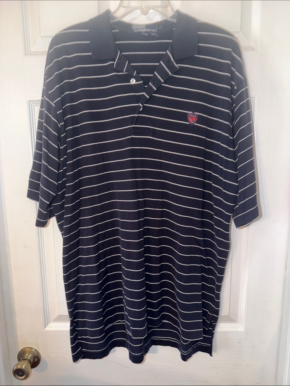 Men’s Ralph Lauren Chaps Polo shirt, size Large, Navy Blue with White stripes